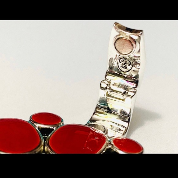 Premier Designs Reversable Enamel Pendant Teal Blue Red Flower - Picture 2 of 11